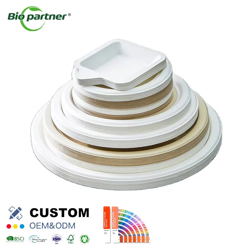 Ecofriendly Disposable Biodegradable Sugarcane Bagasse Degradable Tableware Compostable Pulp Round Paper Plate for Party Home