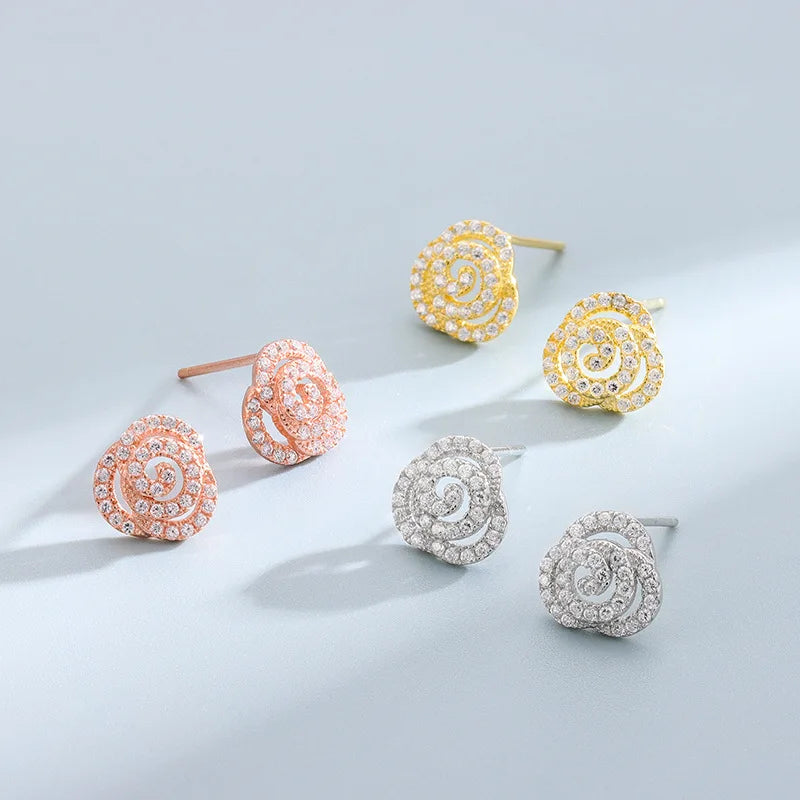 Dainty 925 Sterling Silver Rose Gold Micro Full Zircon Hollow Floral Rose Stud Earrings for Women Everyday