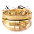 Douvei 4-Piece Copper Beads Roman Numeral Gold Plated Charm Bracelet & Bangle Set Black Zircon Pave Multi-colors Unisex Gift