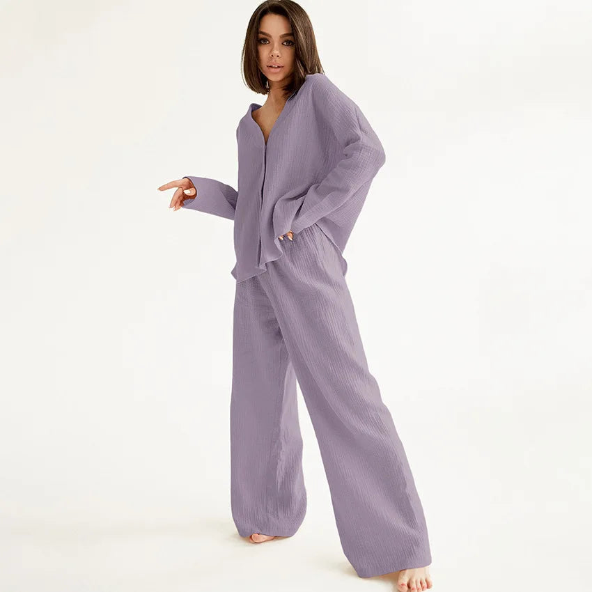 Daily Life V-Neck Loose and Comfortable Long Sleeve Sleepwear Cotton Homewear Pajamas for Women Set