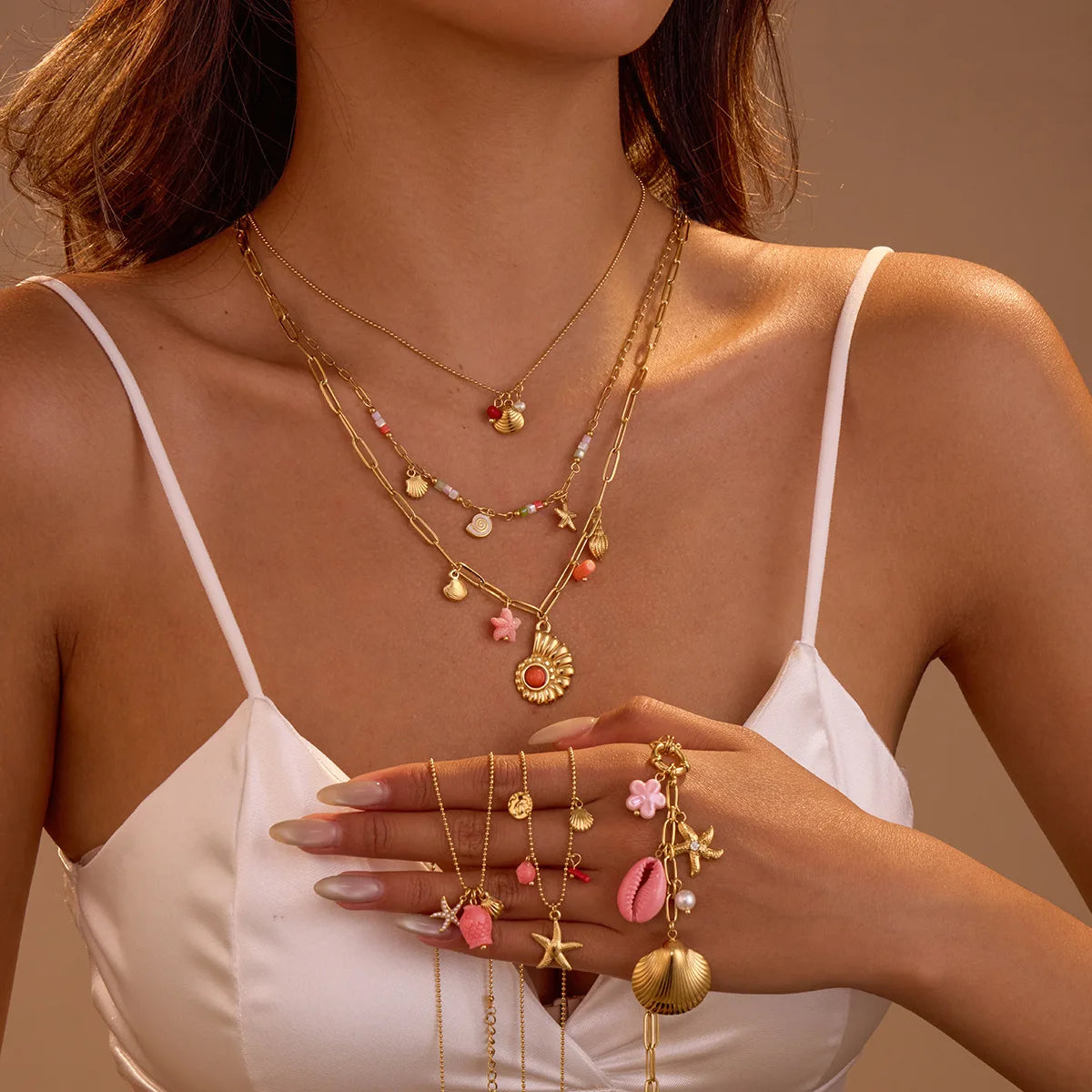 Wholesale 18K PVD Gold Plated Stainless Steel Fashion Necklaces for Women Fine Jewelry Ocean Shell Starfish Pendant Pearl Main