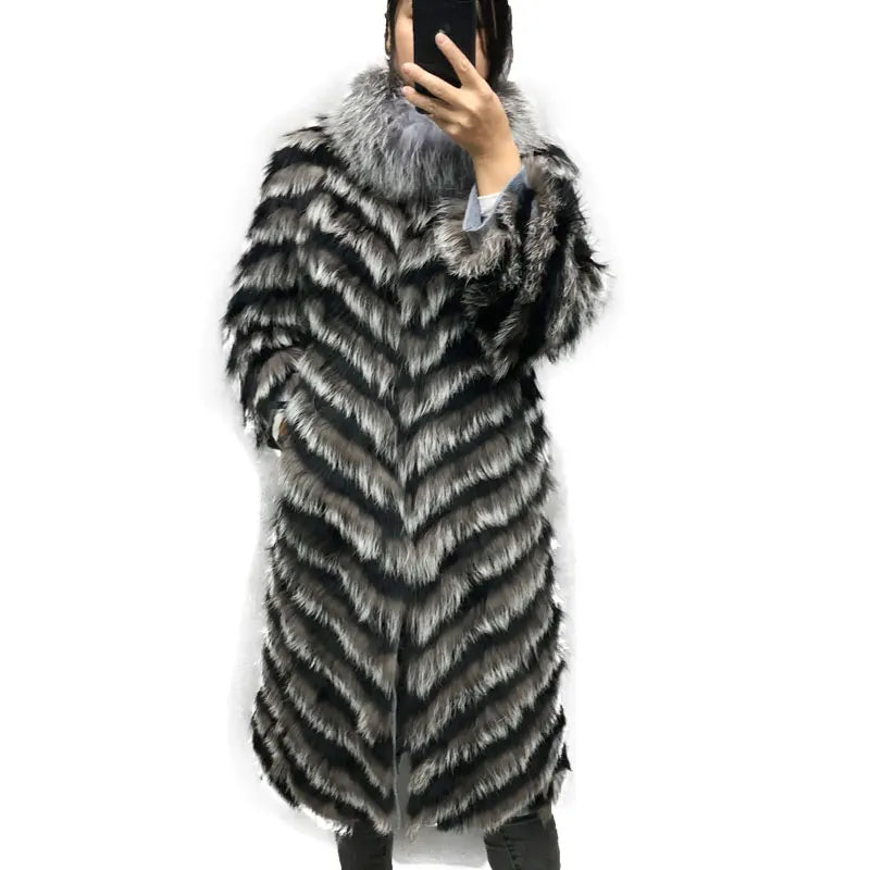 Customizable Striped Winter Long Stand-up Collar Polyester Lining Cotton Real Silver Fox Fur Casual High Street Style Women's