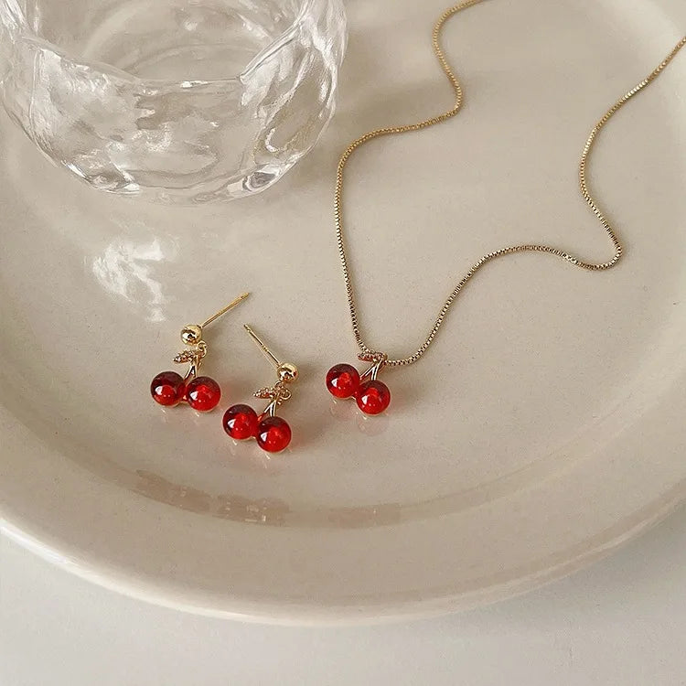 Luxury Red Cherry Pendant Necklace and Earrings Set for Women Sweet Trendy with Link Chain Pearl Cute Style for Anniversaries