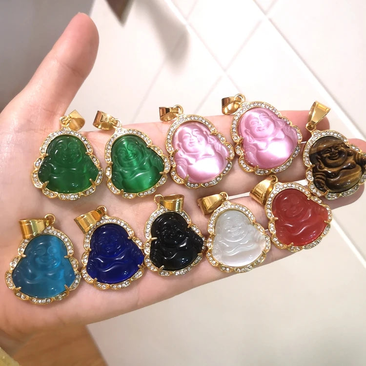 Fashion Fine Wholesale Stainless Steel Gold Plated Inlay Colorful Laughing Jade Buddha Pendant Necklace Jewelry for Women