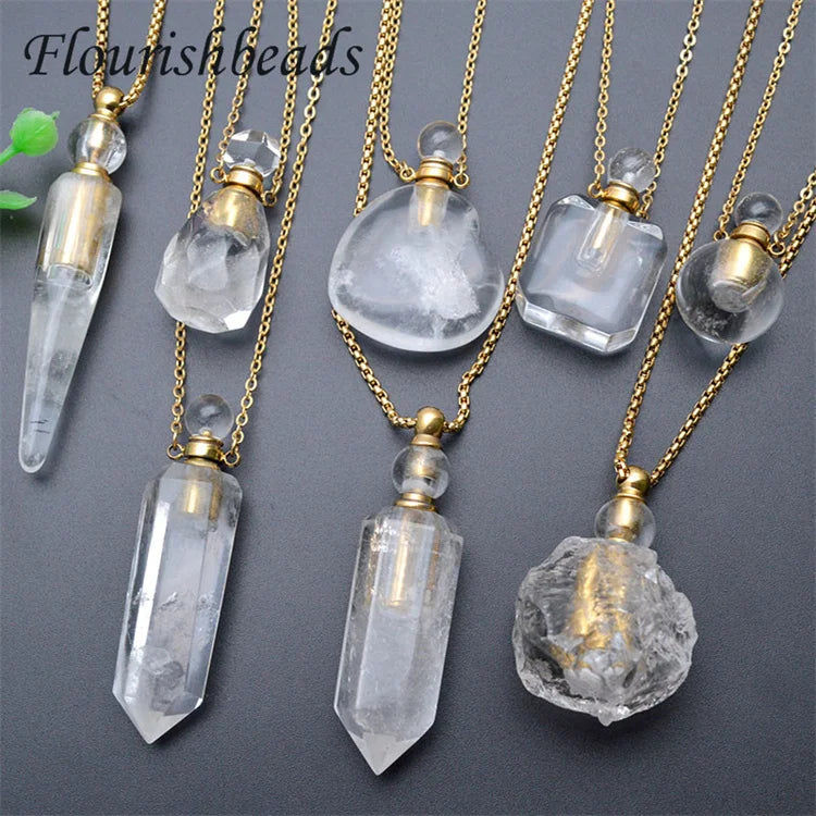 New Design Fashion Woman Jewelry Gold Plated Natural Gemstone Stone Clear Crystal Perfume Bottle Pendant Necklace