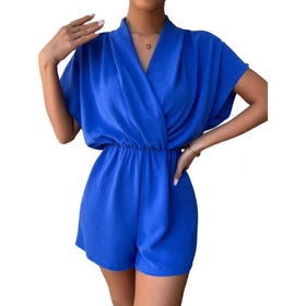 Women's Summer V Neck Wrap Ruched Jumpsuit Elegant Summer Solid Color Short Sleeve High Waist Rompers Women's Clothing