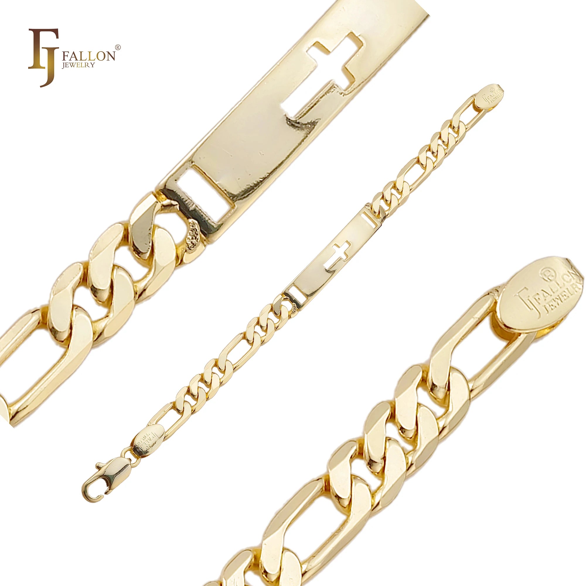 FJ Fallon Fashion Jewelry Figaro Link Men's ID Bracelets with Cross 14K Gold Plated Brass Based