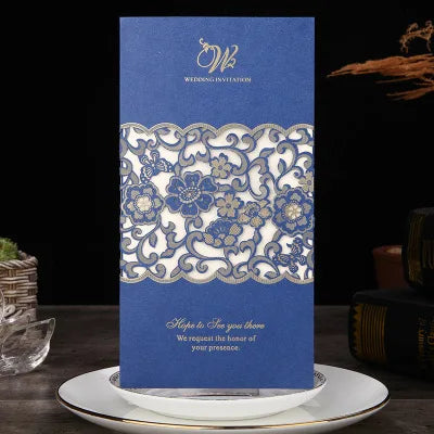 Cheap Elegant Blue Laser Cut Pocket Envelope for Bridal Shower Birthday Invitation Cards