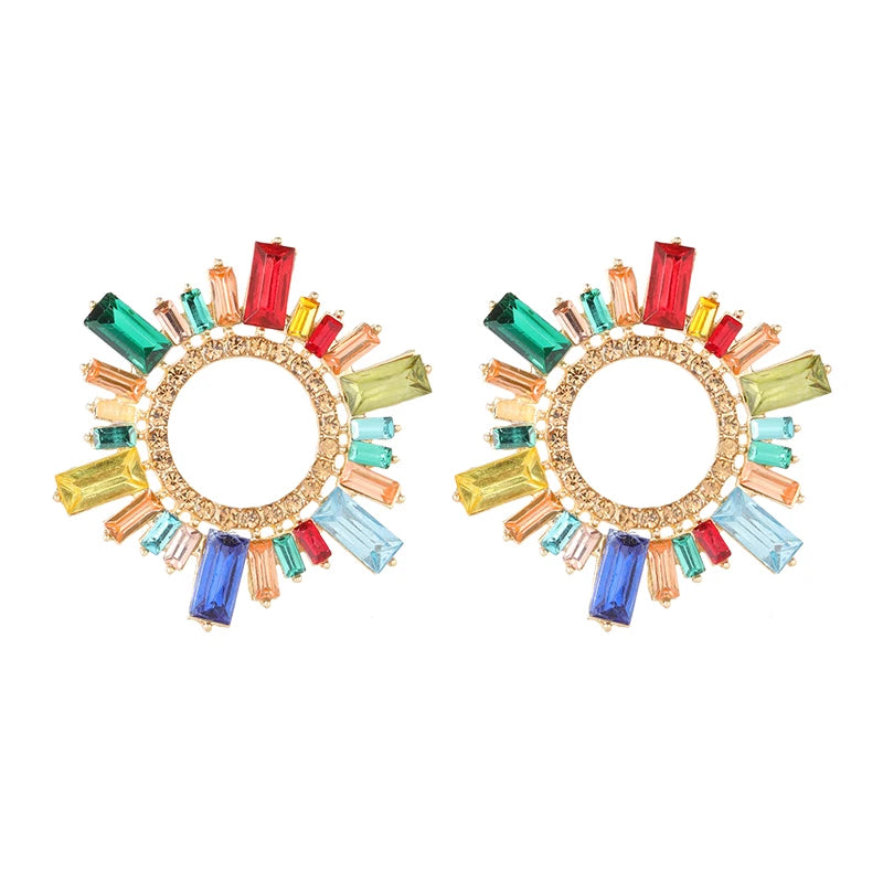 Classic Jewelry Glass Geometric Drop Earrings Rainbow Crystal Rhinestone Sunflower Stud Earrings for Women