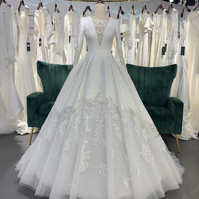 Jancember LSSG050 Muslim Long Sleeve Empire Bridal Wedding Satin Gowns Dresses