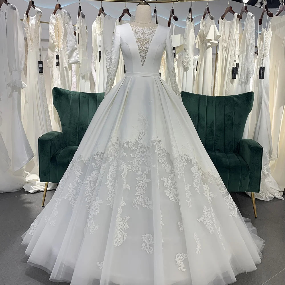 Jancember LSSG050 Muslim Long Sleeve Empire Bridal Wedding Satin Gowns Dresses