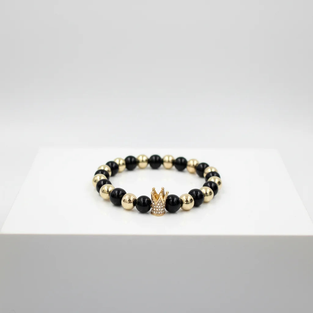 Hematite Natural Black Obsidian Stone Beads with Crown Energy Personality Stretch Bracelet Gold Polished Bracelet for Women Gift