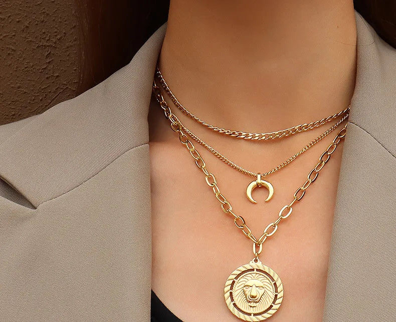 2025 Customizable Moon Star Combination 316L Stainless Steel Necklace Set Unisex Chain 18K Gold Plated Double Layer Necklace