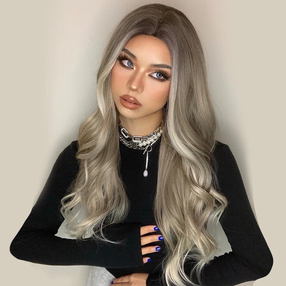 Ombre Platinum Blonde Highlight Synthetic Wigs Long Middle Parted Natural Wavy Hair Wig Wigs Wholesale Prices
