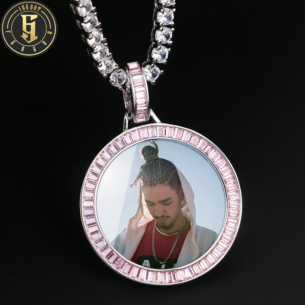 Wholesale Price 38mm Circle Memory Picture Pendant Brass Baguette Pink Zircon Diamond Iced Out Photo Pendant MegaBDM