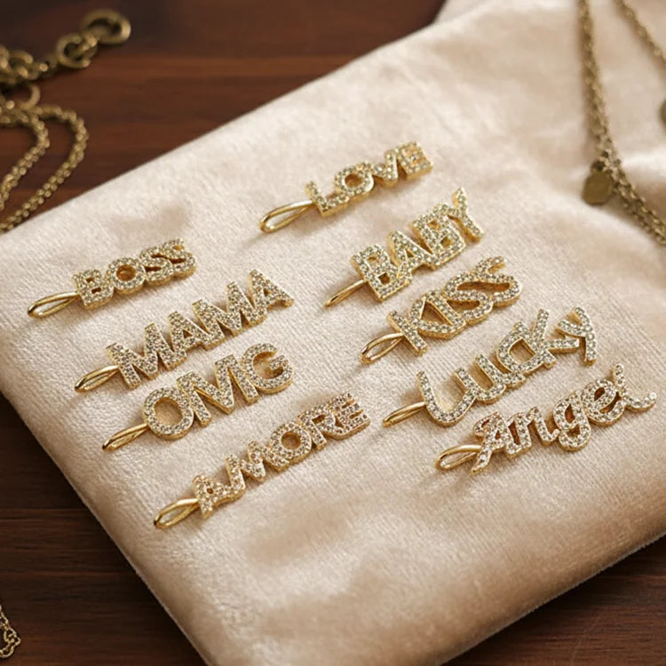 CZ8111 18k Gold Plated CZ Micro Pave Letter Words Pendant Baby Boss Lucky Love Mama Charms for DIY Necklace Jewelry Making MegaBDM