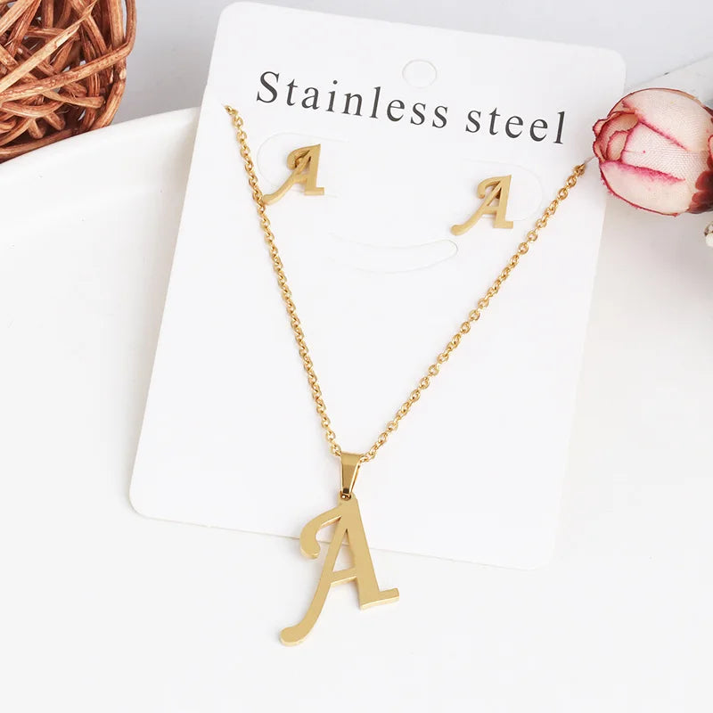 26 Letters Stainless Steel Initial Necklace for Women Alphabet Name Pendant Necklaces Earrings Jewelry Set Women Friends Gift