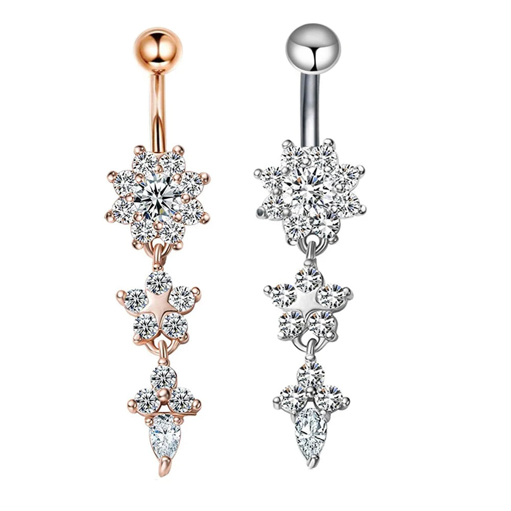 Stainless Steel Dangle Belly Button Rings for Women 14G CZ Navel Rings Curved Barbell Ear Body Piercing Jewelry 10pcs Mix Colors