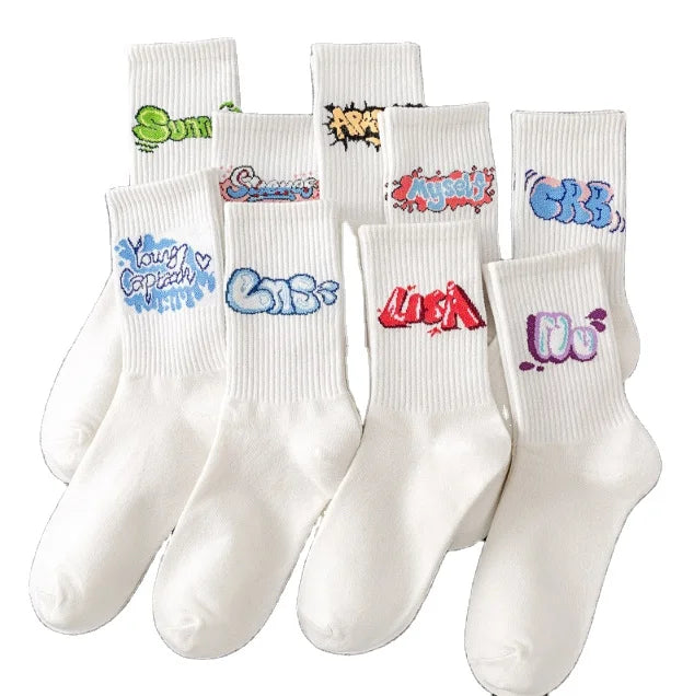 Four Seasons White Graffiti Letter Basketball Knitted Pure Cotton Sweat-absorbing and Breathable Socks for Men and Women