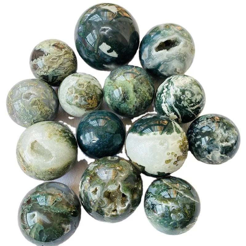 Natural Aquatic Agate Crystal Ball Quartz Druzy Moss Agate Geode Sphere for Healing