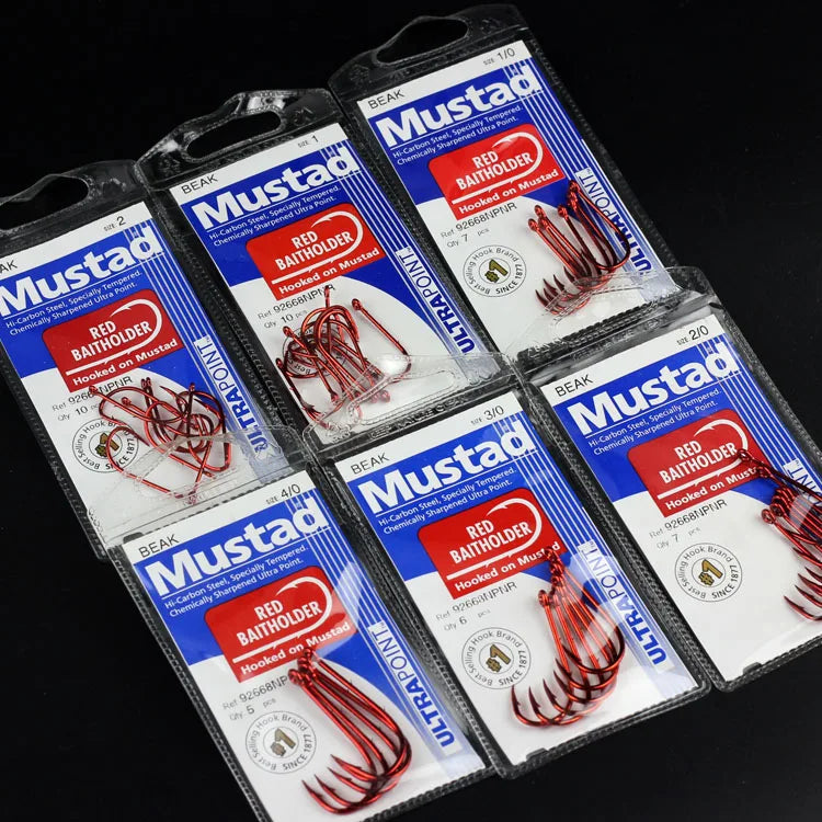 Mustad Red Nickel Single Barbed Sea Live Bait Jig Double Back Barbed Fishing Hooks