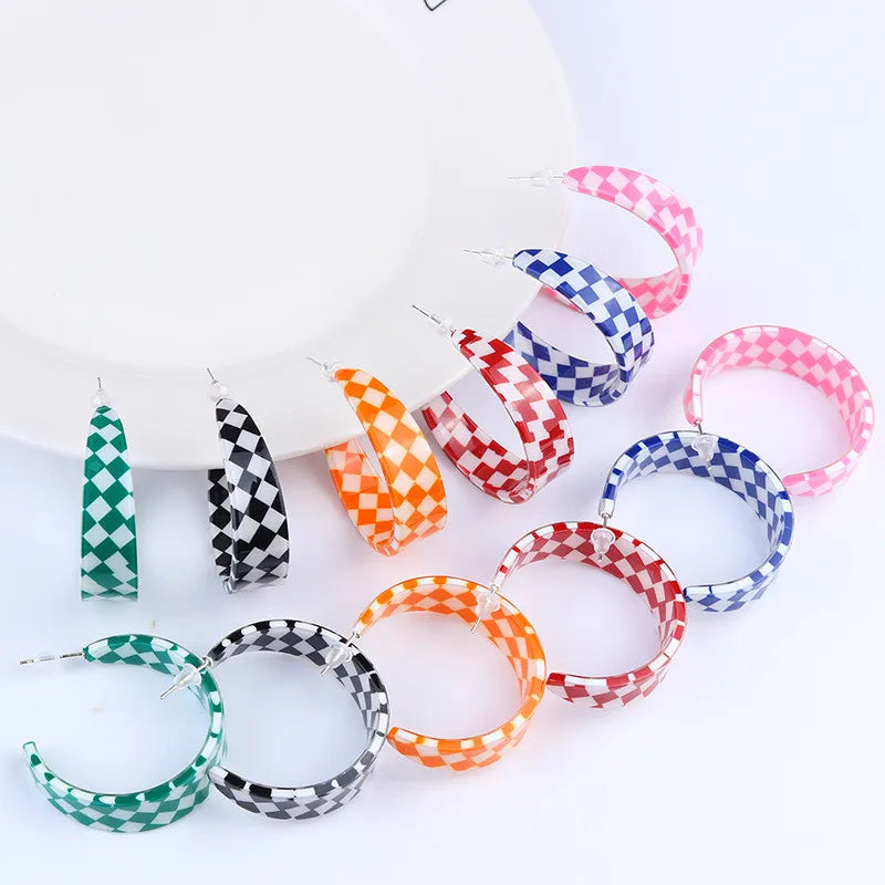 Candy Color Checkered Pattern Opening Acrylic Hoop Earrings Cute Plastic Ear Stud Girl's Gift Resin Earring
