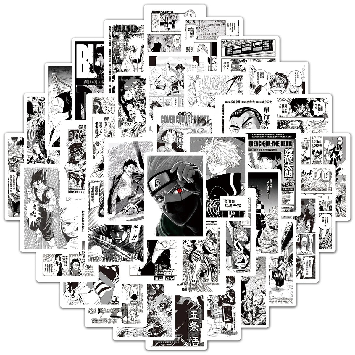 New 50Pcs Black and White Japanese Comic Manga Poster Stickers for Wall Phone Decor Waterproof Anime Sticker