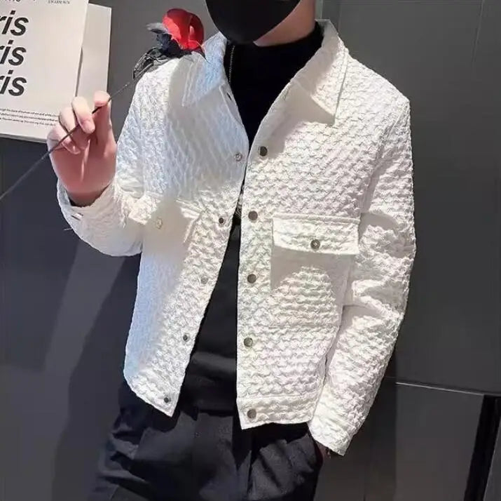 Autumn Winter Men's Retro Casual Cargo Jacket Stand Collar Waffle Checks Solid Color Fashionable Loose Lapel Outerwear Coated