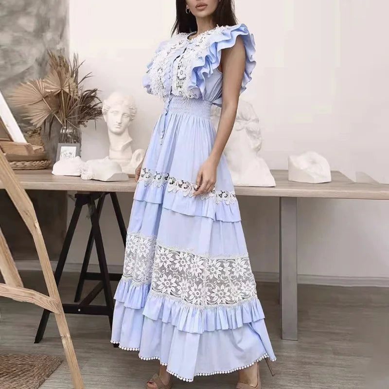 Temperament Embroidered Long Dress 2022 New Fashion Round Neck Sleeveless Stitching Contrast Color Lotus Leaf Dress Female