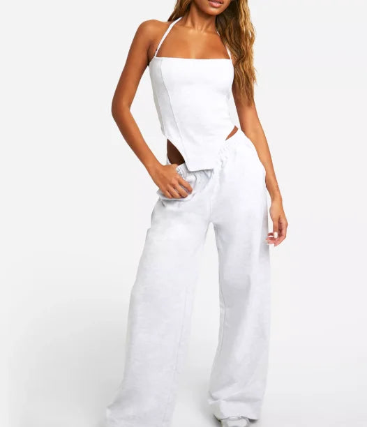 High-quality Women's  Fashion Loopback Dipped Hem Corset and Straight Leg Sweaterpant Set