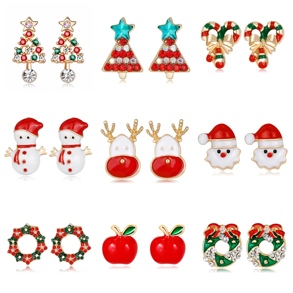 Christmas Gift Statement Enamel Apple Tree Snowflake Snowman Reindeer Fashion Jewelry Gold Plated Designer Girl's Stud Earrings