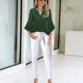 Online Retailer Woman Fashion V Neck Chiffon Office Blouse 3/4 Flare Sleeve Pleated Summer Shirt Casual Solid Color Top