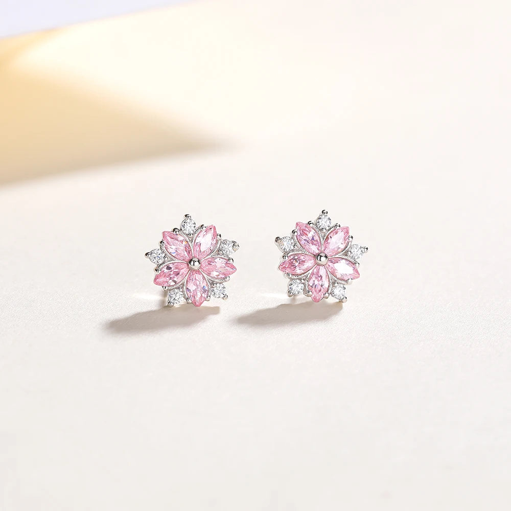 Wholesale Pink Flower Shape Zircon 925 Sterling Silver Stud Earrings for Women Jewelry Engagement Wedding Anniversary