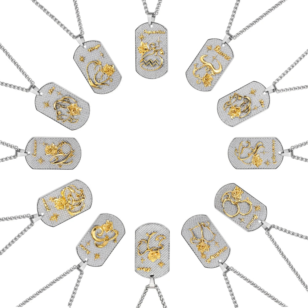 Men's Trendy 12 Zodiac Square Pendant Necklace with Stainless Steel Star Link Chain Jewelry