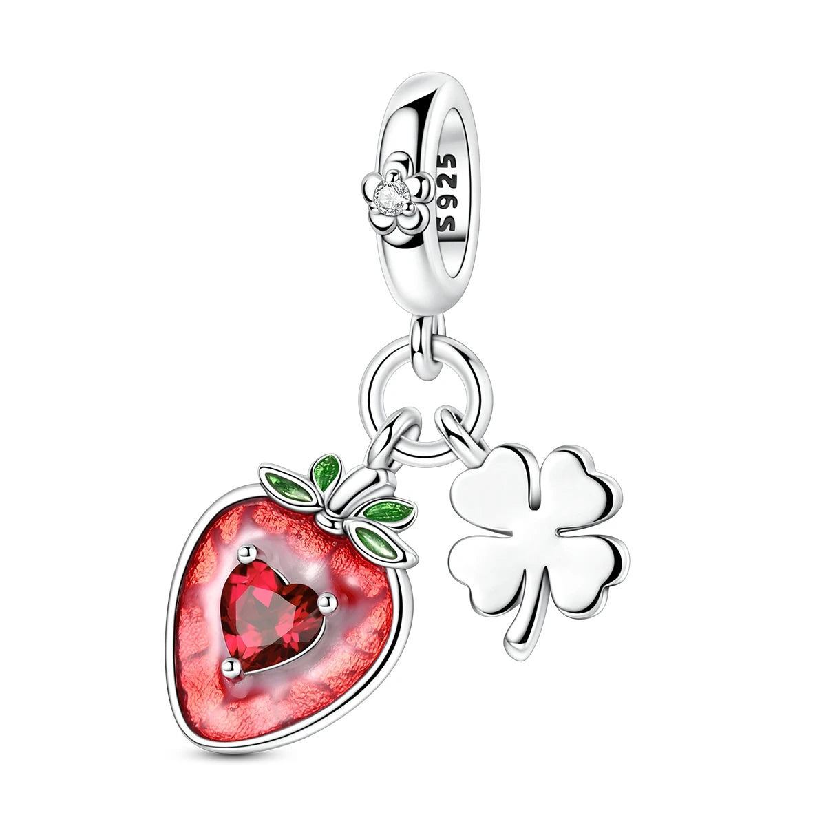 Silver Strawberry Four-Leaf Clover Charm Pendant with Zircon Fashion Jewelry for Children Women's Party Gift
