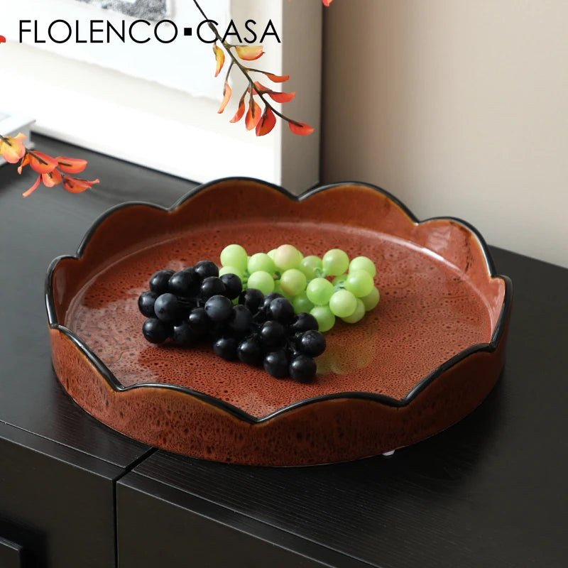 Modern Red Ceramic Fruit Tray Decorative Flower Design for Hotel Restaurant Home Party Table Interior Decoration Fruit Plate