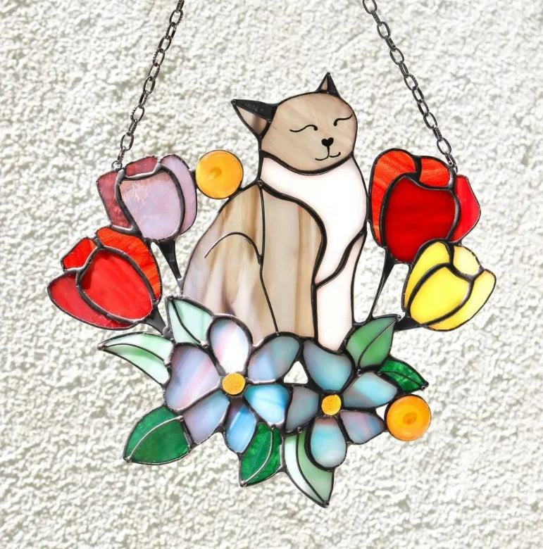 Colorful Acrylic Glass Cat Pendant Wind Chimes Window Ornament and Wall Art for Home Decor