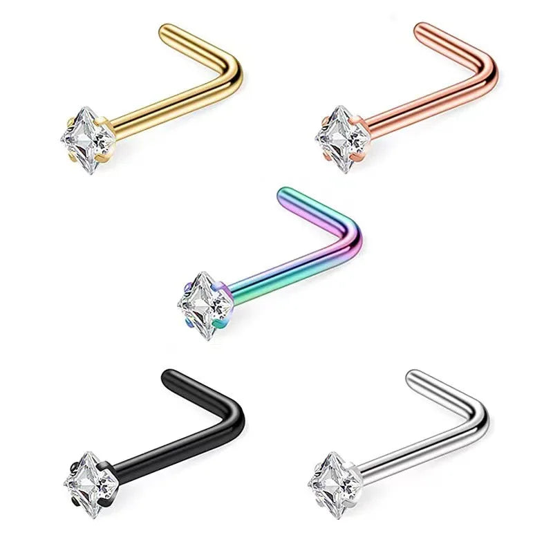 2025 Euro American L-shaped square Zircon Nail Nose Ring 316L Straight Rod Curved Rod Nail