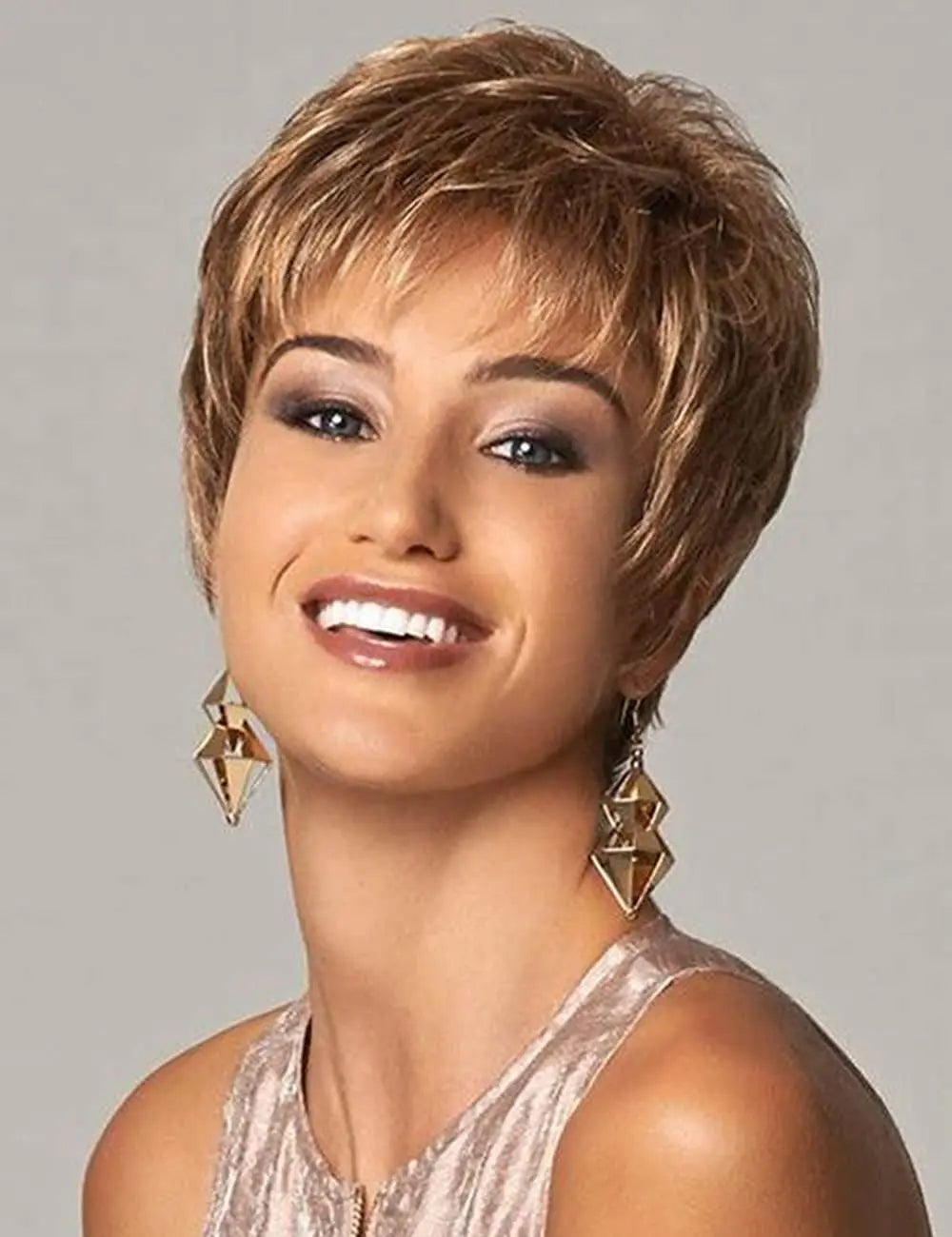 FUJIA Short Brown Pixie Cut Wigs for Women With Bangs Dark Brown Mixed Blonde Wavy Layered Short Boy Cut Wig Natural Looking