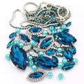 Wholesale Peacock Blue Horse Eye Mix Size Crystal Glass Sew-on Rhinestones+pearl+cup Chain