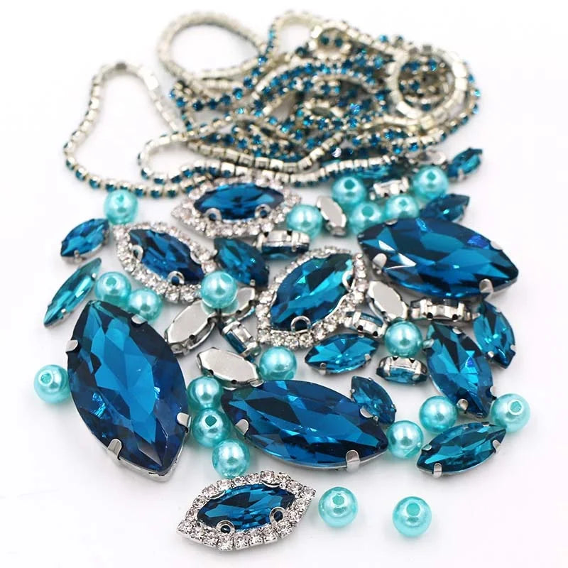 Wholesale Peacock Blue Horse Eye Mix Size Crystal Glass Sew-on Rhinestones+pearl+cup Chain