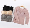 2025 Thermal Long-sleeved Underwear Ladies Slim Lace Chest Pad Integrated Velvet Youth Women's Thermal Blouse