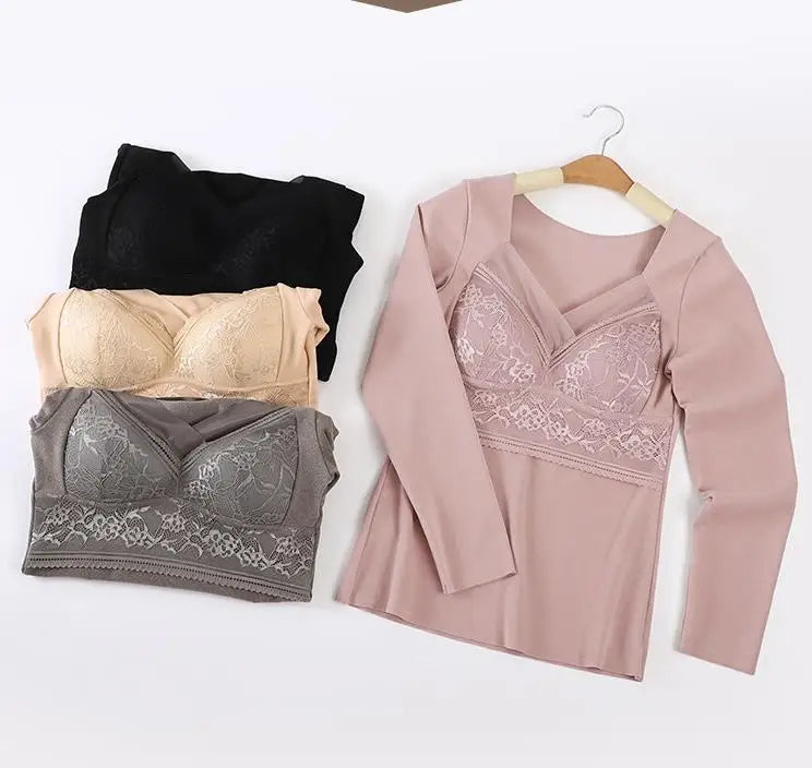 2025 Thermal Long-sleeved Underwear Ladies Slim Lace Chest Pad Integrated Velvet Youth Women's Thermal Blouse