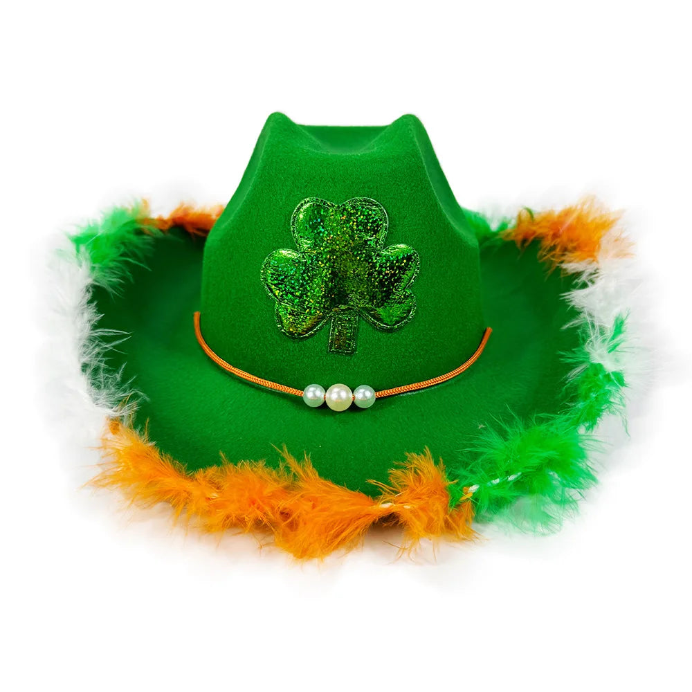Irish St. Patrick's Day Green Cowboy Hat Shamrock Feather Decor Festival Party Costume Hat