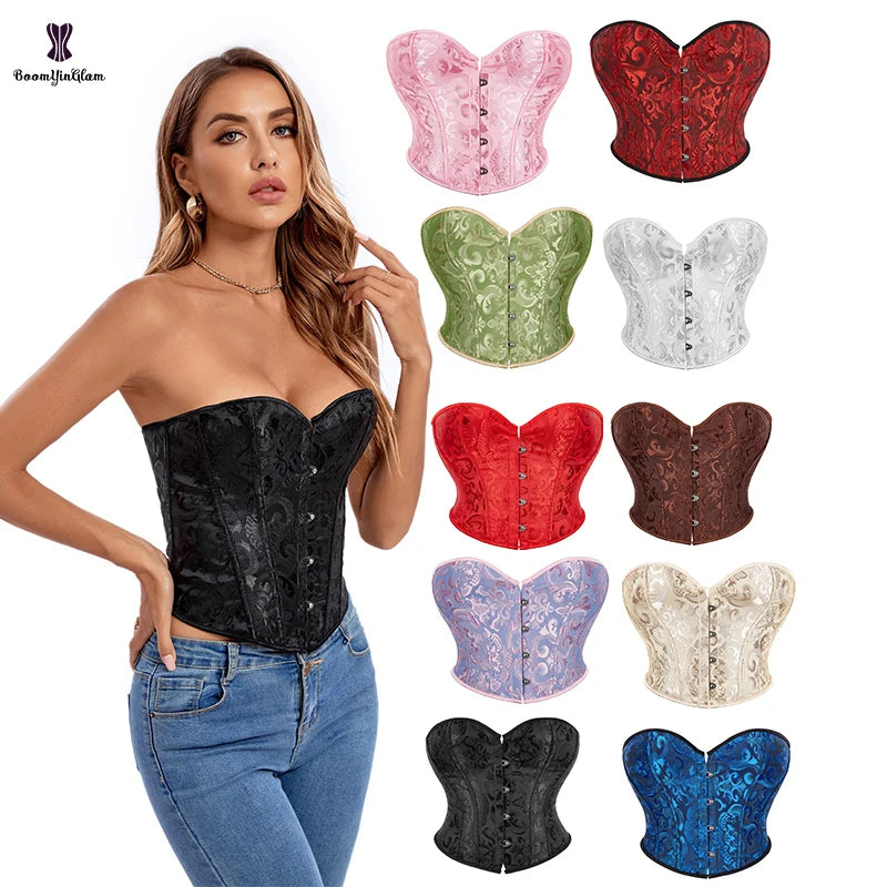 Women's Jacquard Lace Girdle Corset Top T String Front 4 Busks Closure Custom Print Firm Control Level 10 Colors Spandex