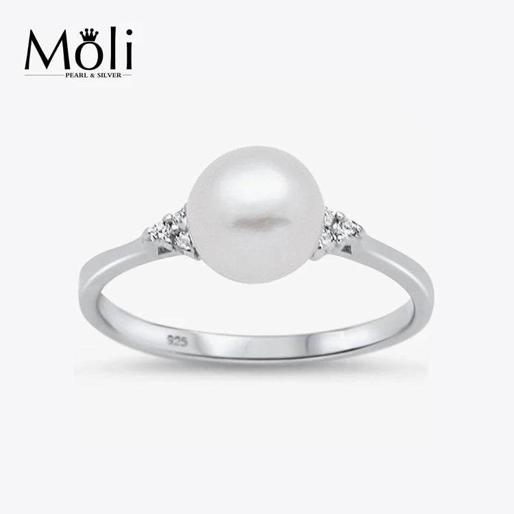 Gold Plating Sterling Silver Ring Freshwater White Pearl Ring for Bride Wedding Jewelry