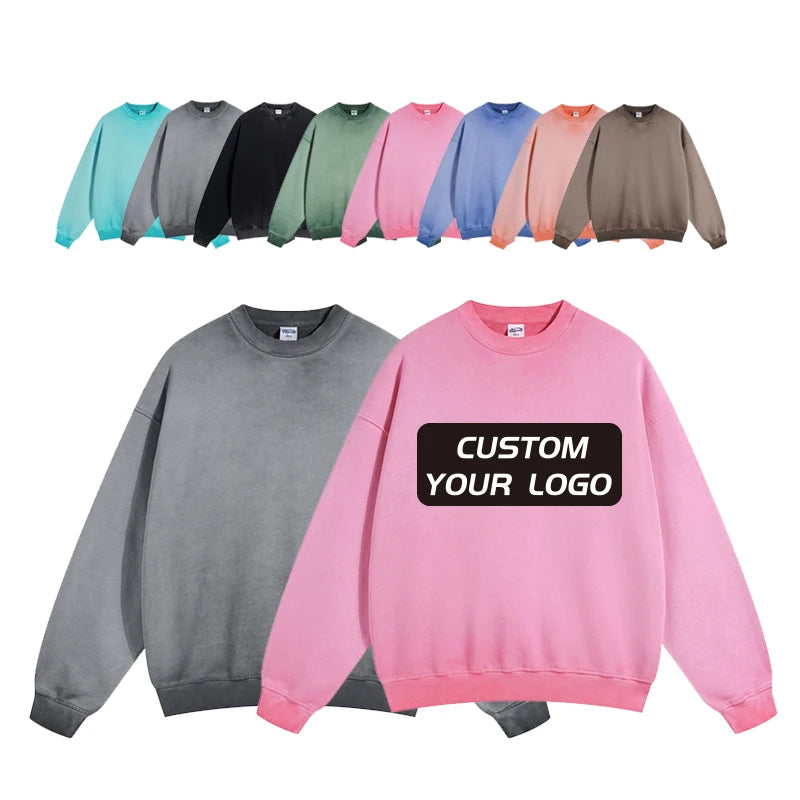 Wholesale Hight Quality 430 Grams Washed Vintage  Crewneck Pullover Custom Logo Print Streetwear Men's Oversized Sweatshirts