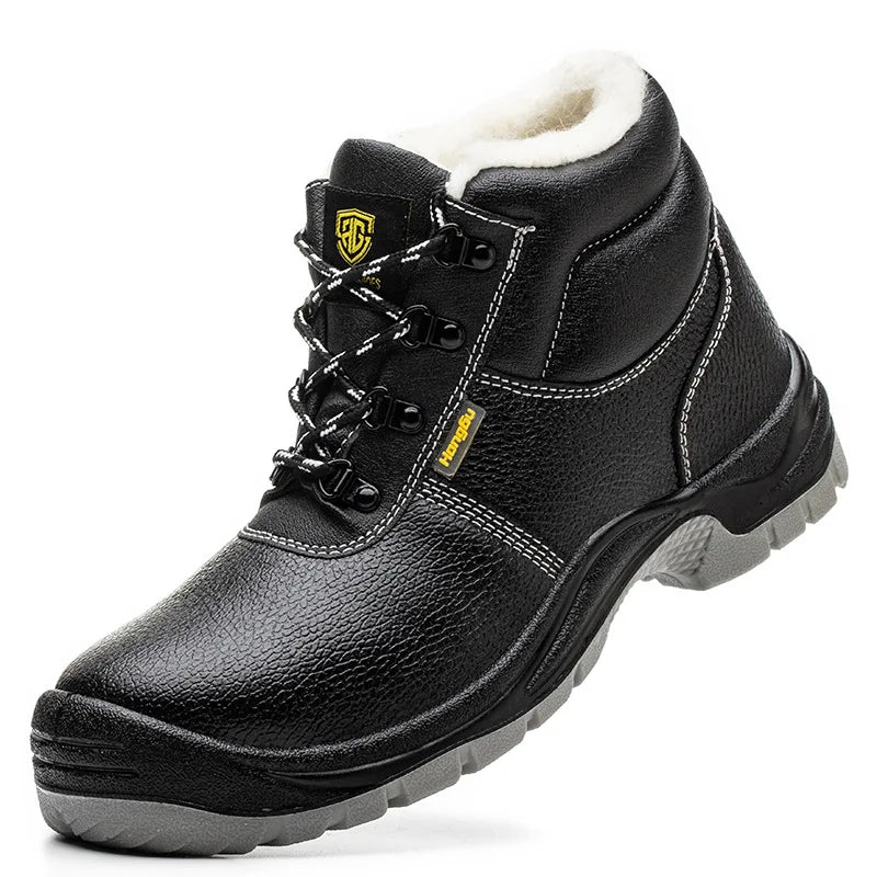 Men's Winter Safety Work Boots Genuine Leather Steel Toe Anti-Slip for Construction Factory Work PU Mesh Fabric Insoles