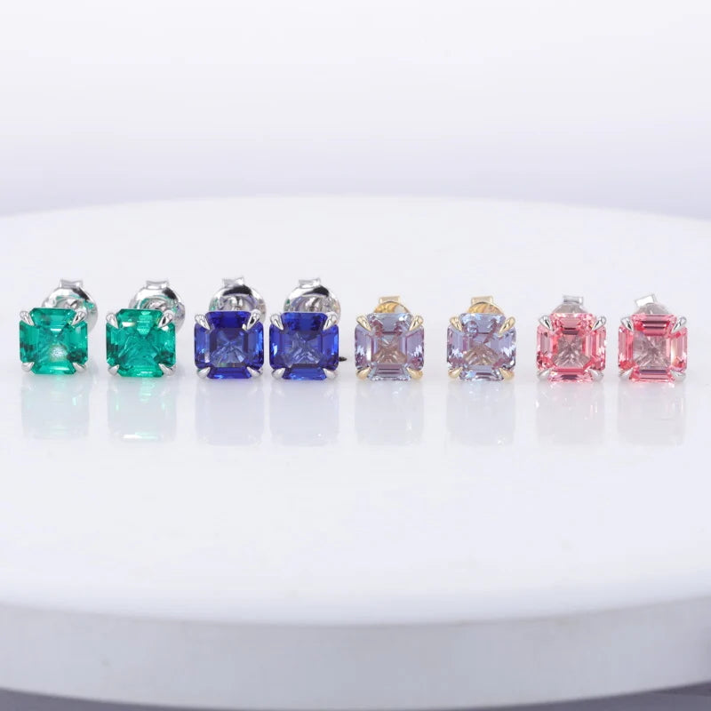 Starsgem 7*7mm Asscher Cut Lab Ruby Sapphire 10k 14k 18k White Yellow Gold Earrings