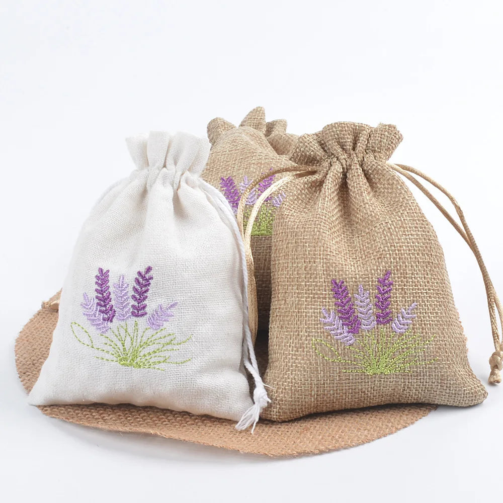 Hot Sale New Jute Linen Drawstring Bag with Chinese Style Embroidery New Lavender and Aromatherapy Stone Packaging Empty Bag